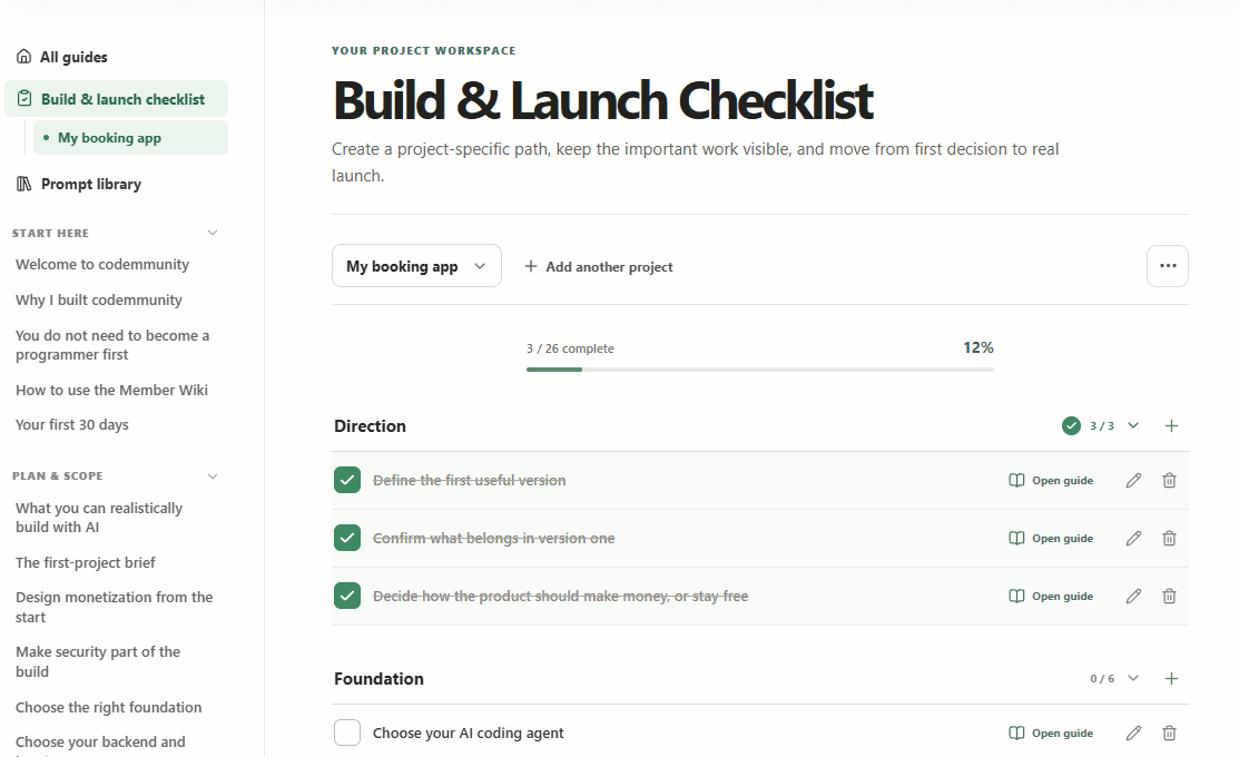 The real Build & Launch Checklist showing a sample booking app project, progress, editable tasks, and linked guides.