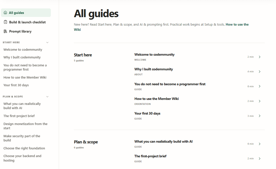 The real Member Wiki: an ordered guide library with Start here and Plan & scope sections.